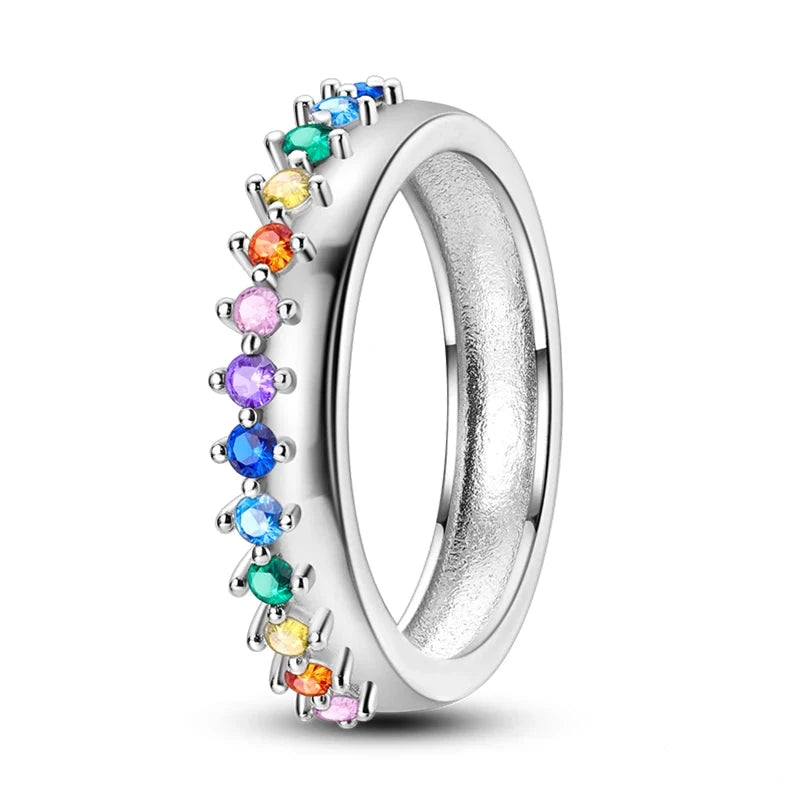 Rainbow Sparkle Sterling Silver Band Ring - 6 - Rings