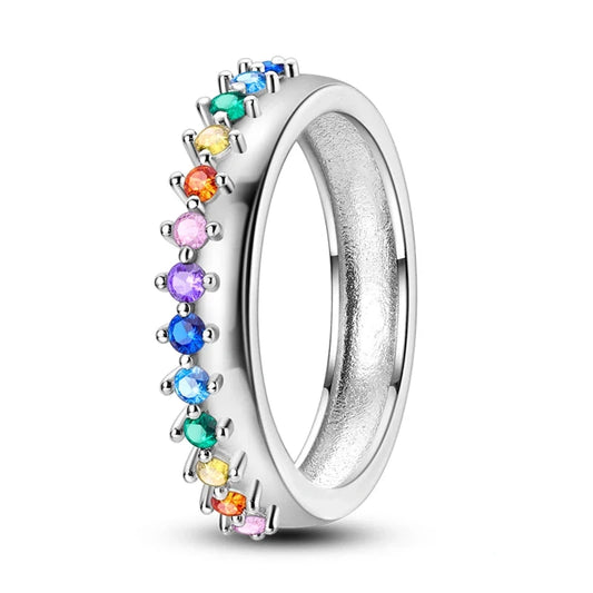Rainbow Sparkle Sterling Silver Band Ring - 6 - Rings