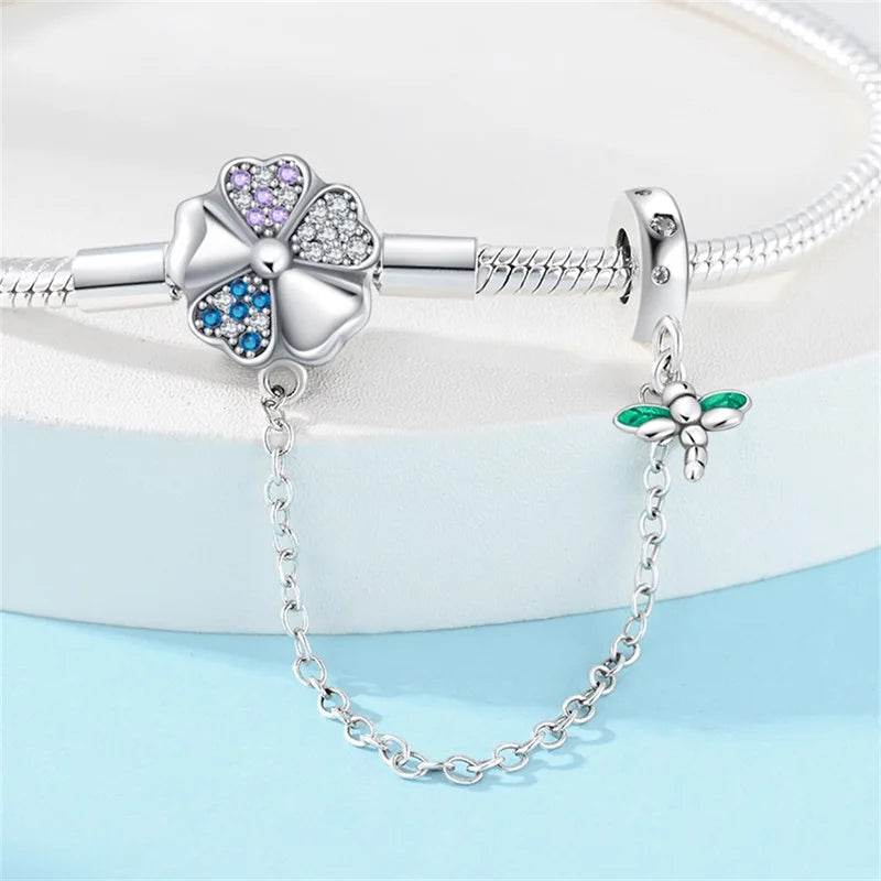 Delicate Sterling Silver Bracelet with Clover and Dragonfly Charms - Charm Bracelets