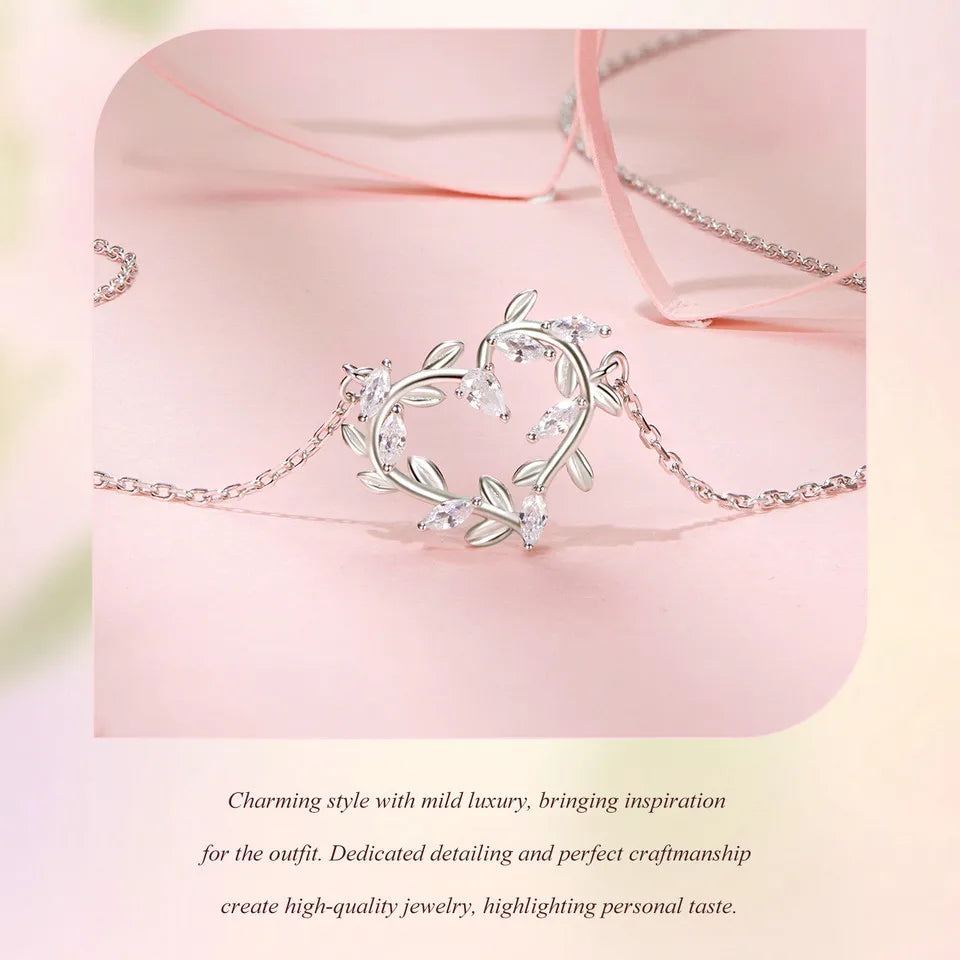 Infinite Love: White Gold Plated Leaves Heart Sterling Silver Necklace - Necklaces