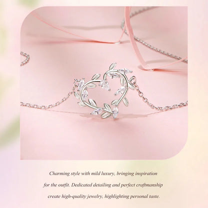 Infinite Love: White Gold Plated Leaves Heart Sterling Silver Necklace - Necklaces