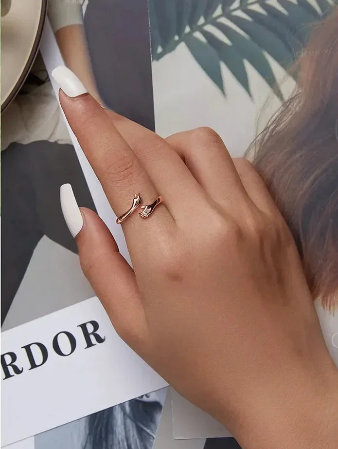 925 Sterling Silver Hug Warmth and Love Hand Adjustable Ring for Women - His Big Loving Hugs in 3 Colors - Rings
