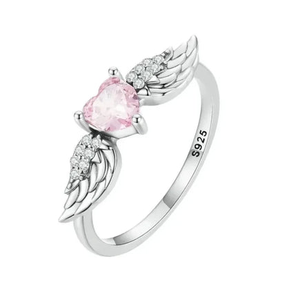 925 Sterling Silver Pink Heart Zircon Ring for Women - Love & Wing - 6 - Rings