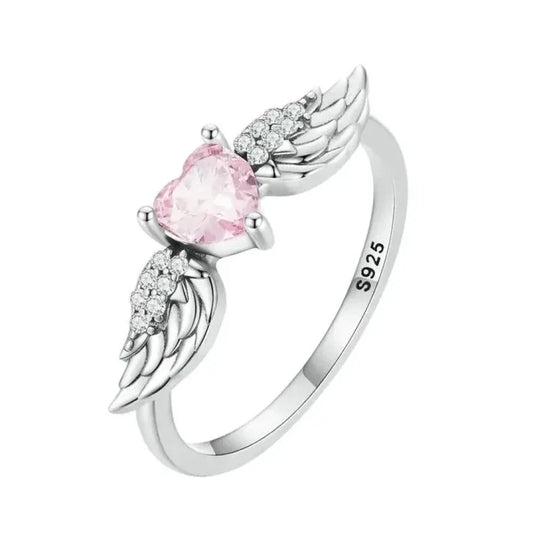 925 Sterling Silver Pink Heart Zircon Ring for Women - Love & Wing - 6 - Rings