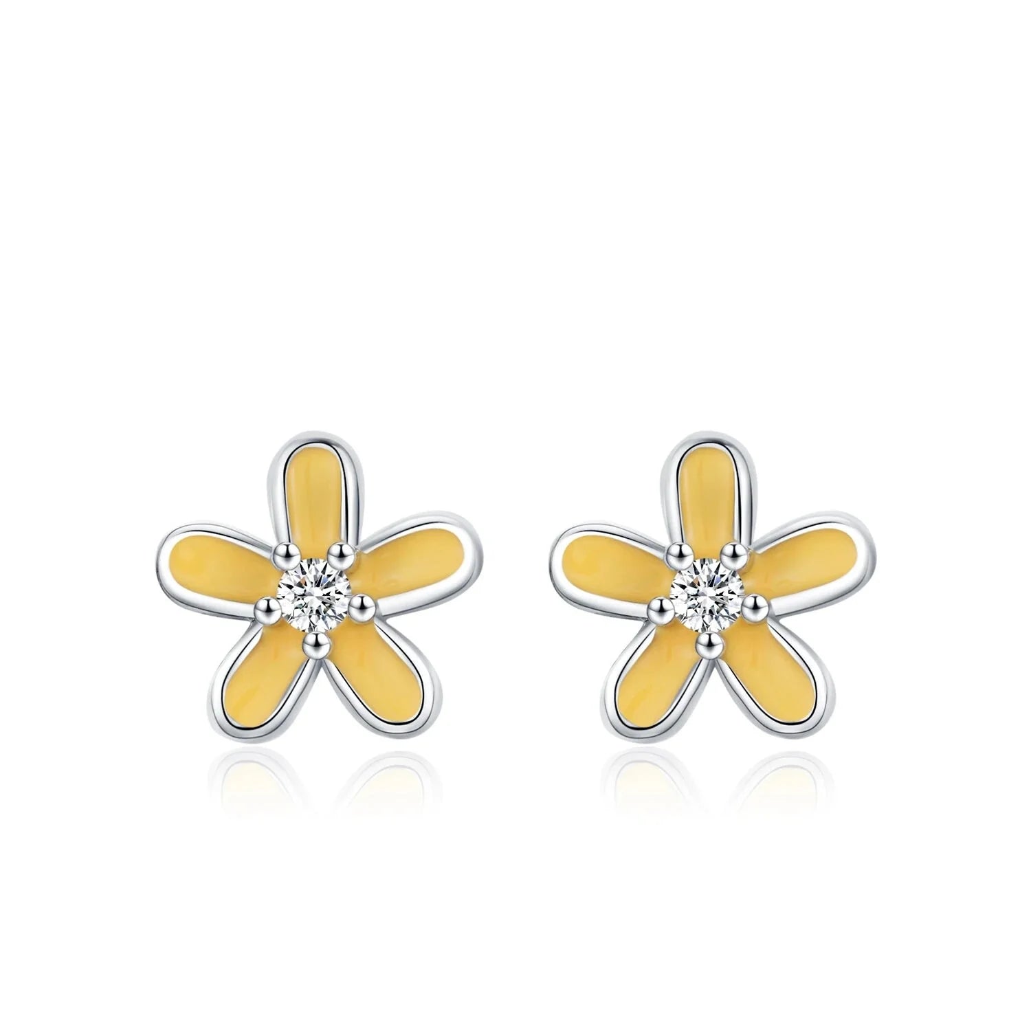 925 Sterling Silver Colorful Enamel Flower Stud Earrings - Minimalist & Cute - Yellow