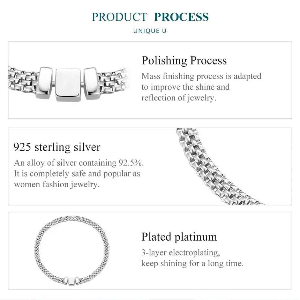 925 Sterling Silver Classic Square Buckle Bracelet Retro Braided Chain Link for Women Platinum Plated Fine jewellery