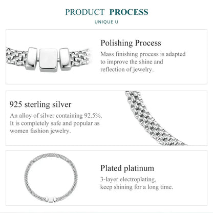 925 Sterling Silver Classic Square Buckle Bracelet Retro Braided Chain Link for Women Platinum Plated Fine jewellery