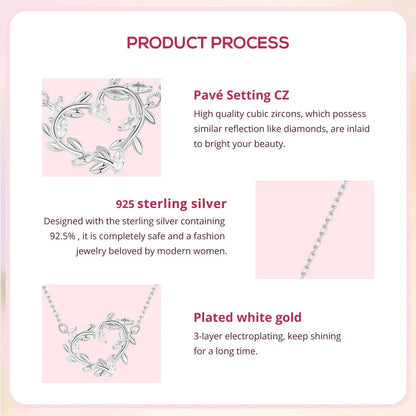 Infinite Love: White Gold Plated Leaves Heart Sterling Silver Necklace - Necklaces