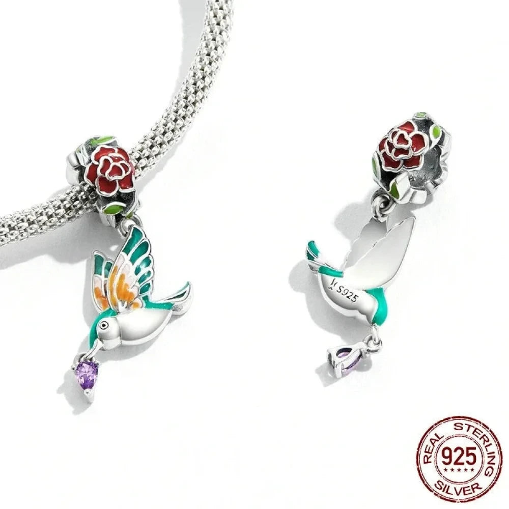 Springtime Charm - Sterling Silver Flower & Bird Pendant for Bracelets - Charms