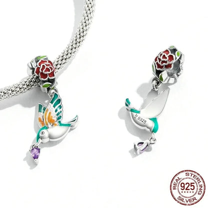 Springtime Charm - Sterling Silver Flower & Bird Pendant for Bracelets - Charms