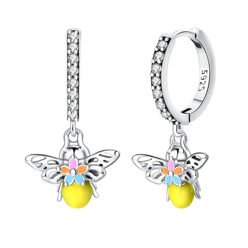 Buzzing Beauty Sterling Silver Hoop Earrings With Bee Charm - Drop