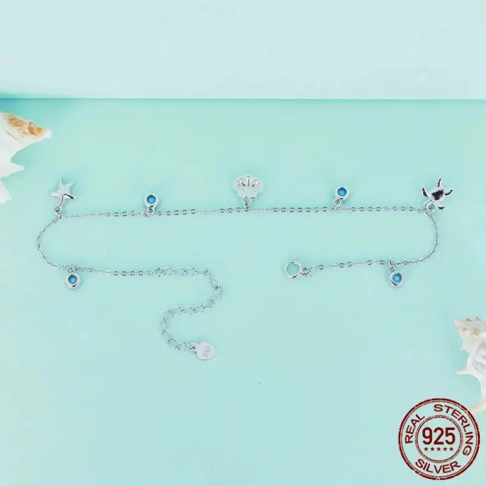 925 Sterling Silver Seastar and Shell Pendant Anklet | Simple Chain Foot jewellery for Women | Platinum Plated Summer