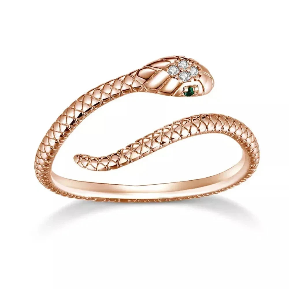 925 Sterling Silver Adjustable Snake Ring with Green Zircon - Fashion jewellery in 4 Colors - Rose Gold - Rings