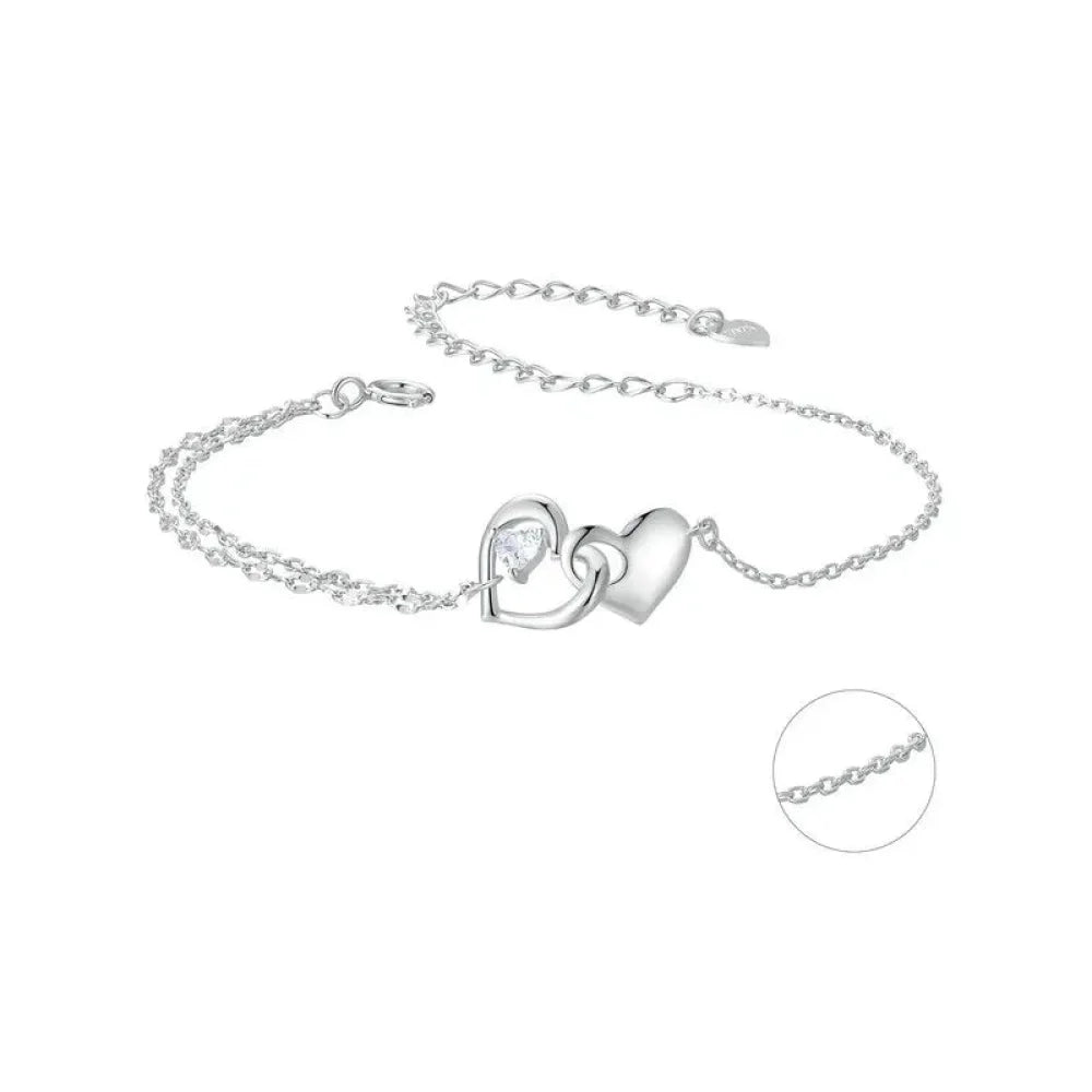 Double Hearts of Love - Sterling Silver Bracelet with Adjustable Chain - Bracelets