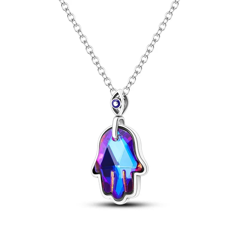 Protective Hamsa Hand Sterling Silver Necklace With Evil Eye - Pendant Necklaces