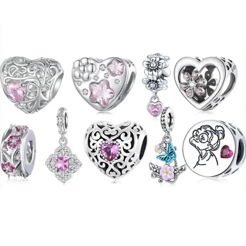 925 Sterling Silver DIY Heart Charm with Pink Zircon - BSC777 - Charms