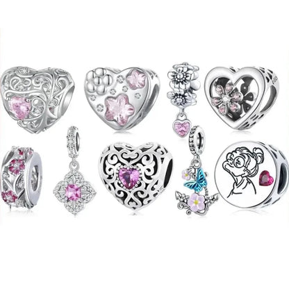 925 Sterling Silver DIY Heart Charm with Pink Zircon - BSC777 - Charms
