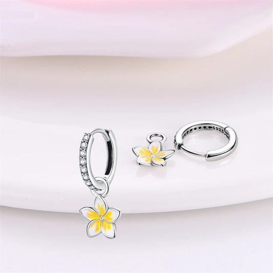 Tropical Paradise Plumeria Sterling Silver Hoop Earrings - Drop
