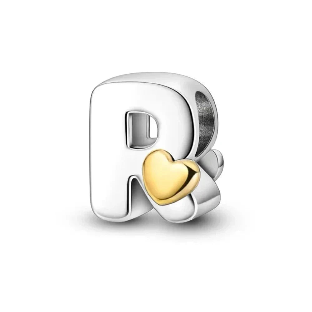 Personalize Your Bracelet: 925 Silver Alphabet Bead with Gold Heart - R - Charms