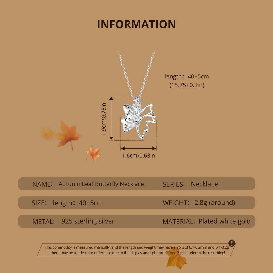 Autumn Elegance: White Gold Plated Sterling Silver Leaf Butterfly Necklace - Pendant Necklaces