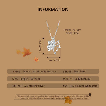Autumn Elegance: White Gold Plated Sterling Silver Leaf Butterfly Necklace - Pendant Necklaces
