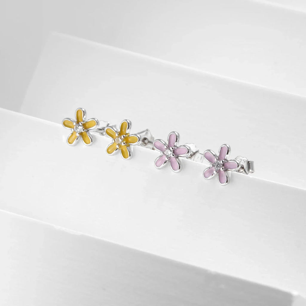925 Sterling Silver Colorful Enamel Flower Stud Earrings Minimalist & Cute