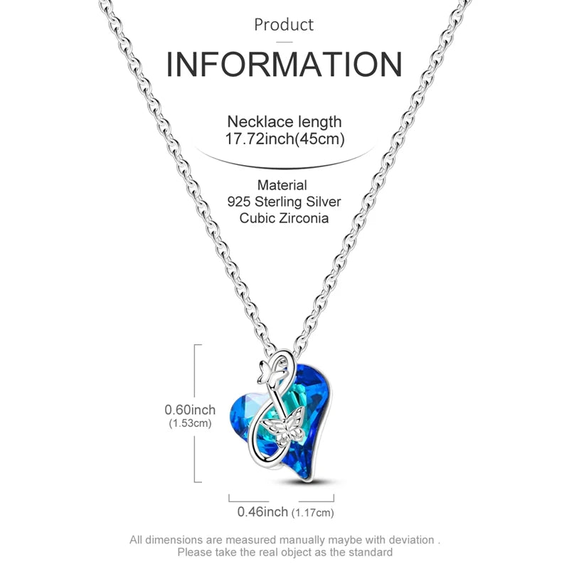 925 Sterling Silver Blue Crystal Heart & Butterfly Necklace - Necklaces