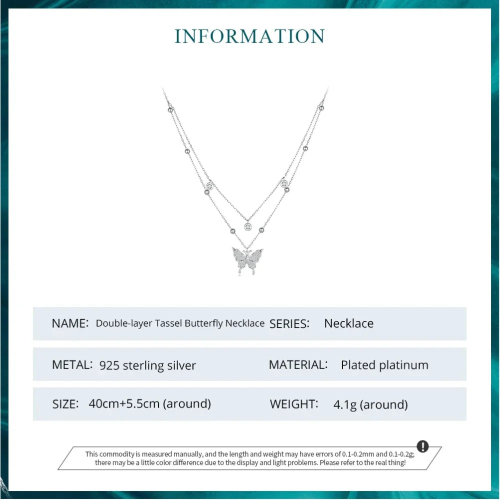 925 Sterling Silver Double-layer Tassel Butterfly Pendant Necklace for Women - Elegant Fine jewellery - Necklaces