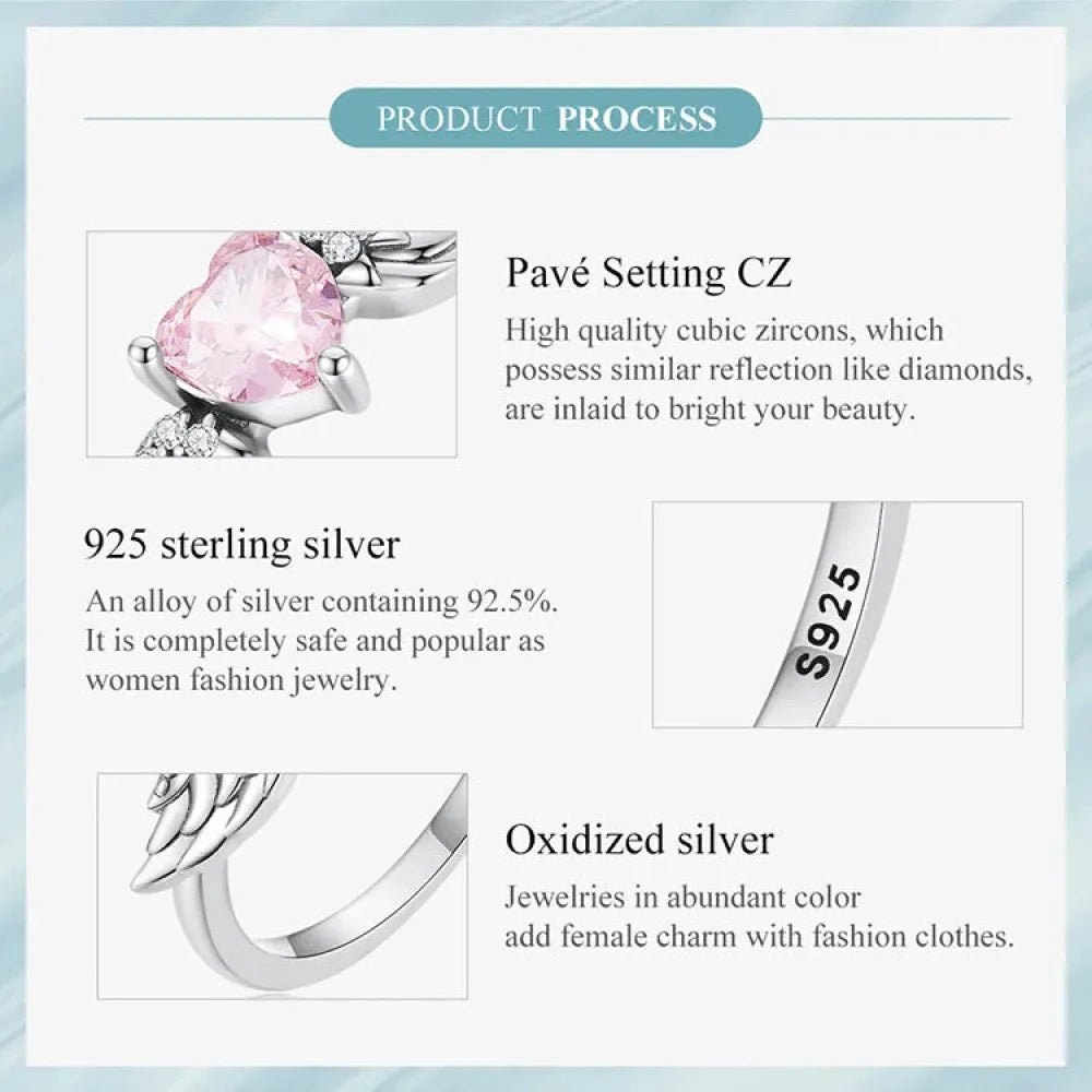 925 Sterling Silver Pink Heart Zircon Ring for Women - Love & Wing - Rings