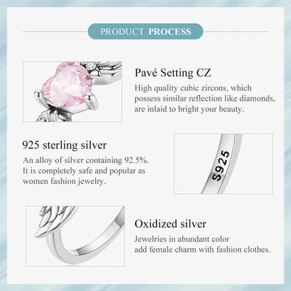 925 Sterling Silver Pink Heart Zircon Ring for Women - Love & Wing - Rings