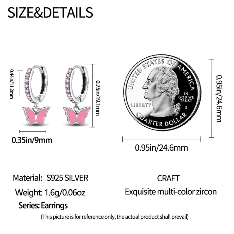 Charming Pink Butterfly Sterling Silver Hoop Earrings With Cubic Zirconia - Drop