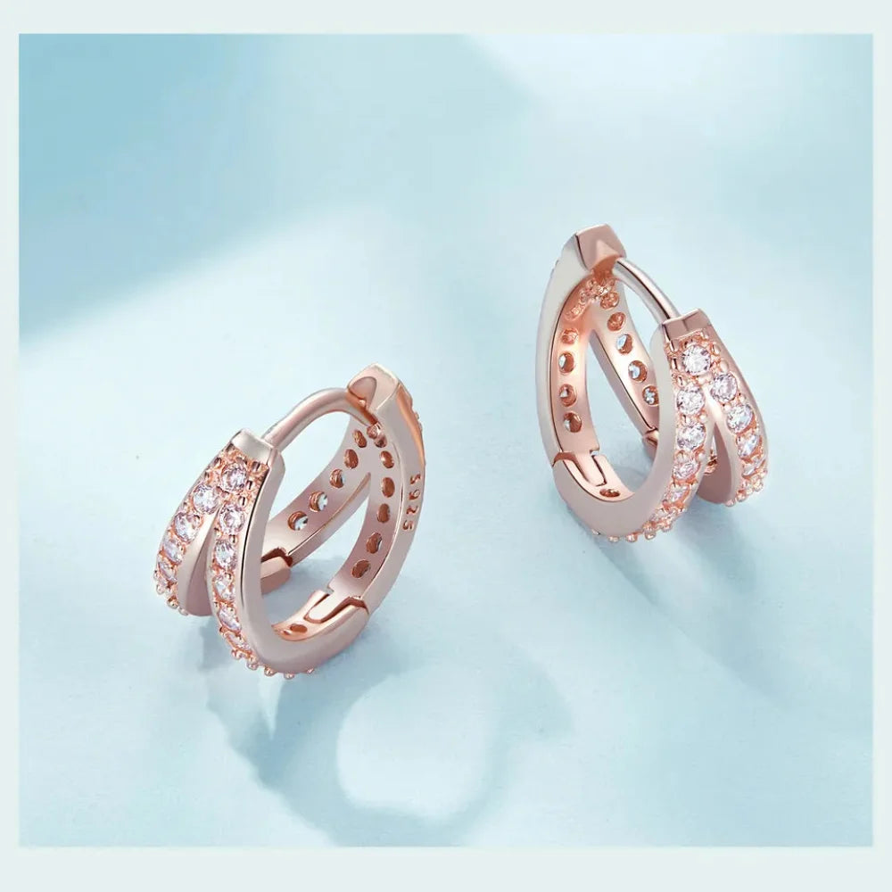 925 Sterling Silver Elegant Geometry Zircon Crystal Double Rings Ear Hoop Earrings