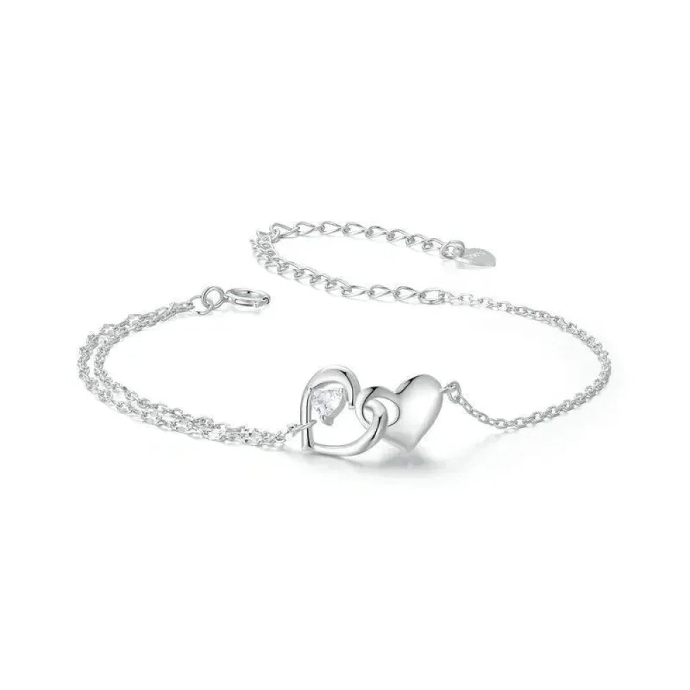Double Hearts of Love - Sterling Silver Bracelet with Adjustable Chain - Bracelets