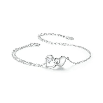 Double Hearts of Love - Sterling Silver Bracelet with Adjustable Chain - Bracelets