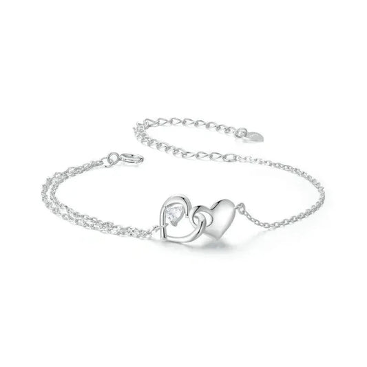 Double Hearts of Love - Sterling Silver Bracelet with Adjustable Chain - Bracelets