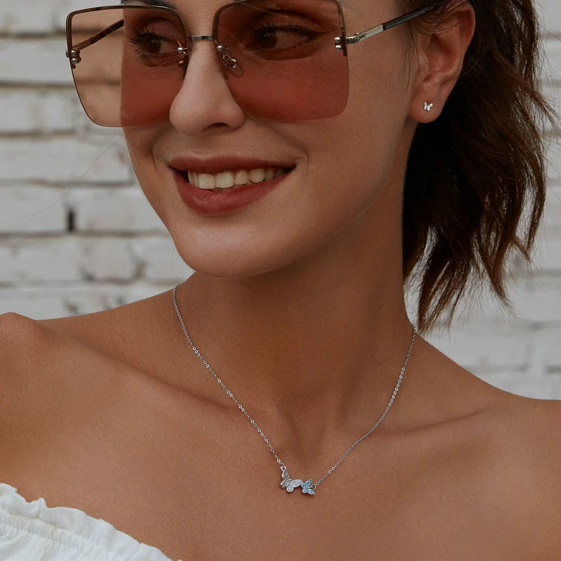 Soar with Style: Blue Zircon Korean Style Sterling Silver Butterfly Necklace Necklaces