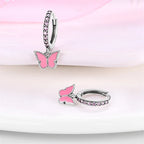 Charming Pink Butterfly Sterling Silver Hoop Earrings With Cubic Zirconia Drop