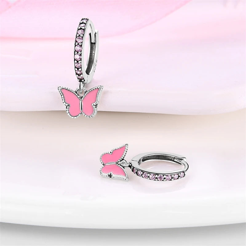 Charming Pink Butterfly Sterling Silver Hoop Earrings With Cubic Zirconia - Drop