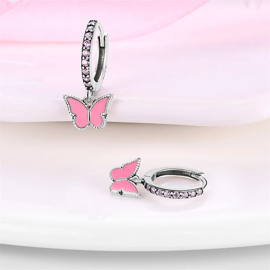 Charming Pink Butterfly Sterling Silver Hoop Earrings With Cubic Zirconia - Drop