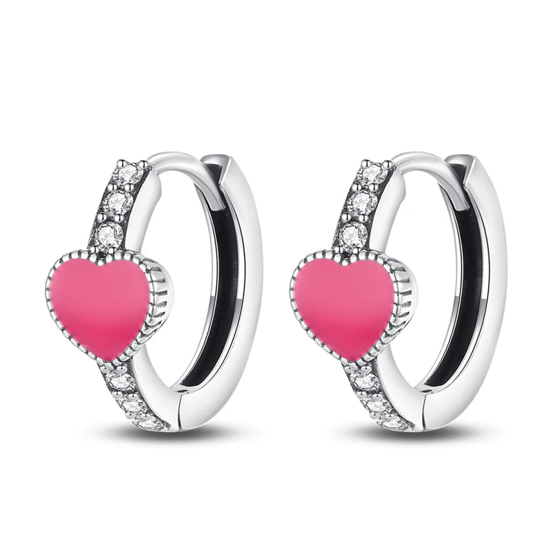 Romantic Pink Heart Sterling Silver Huggie Hoop Earrings with Cubic Zirconia