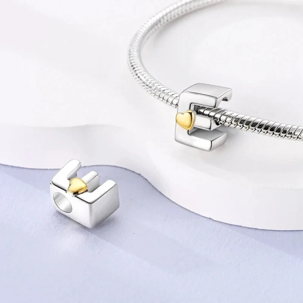 Personalize Your Bracelet: 925 Silver Alphabet Bead with Gold Heart - Charms