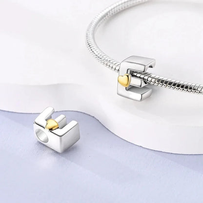 Personalize Your Bracelet: 925 Silver Alphabet Bead with Gold Heart - Charms