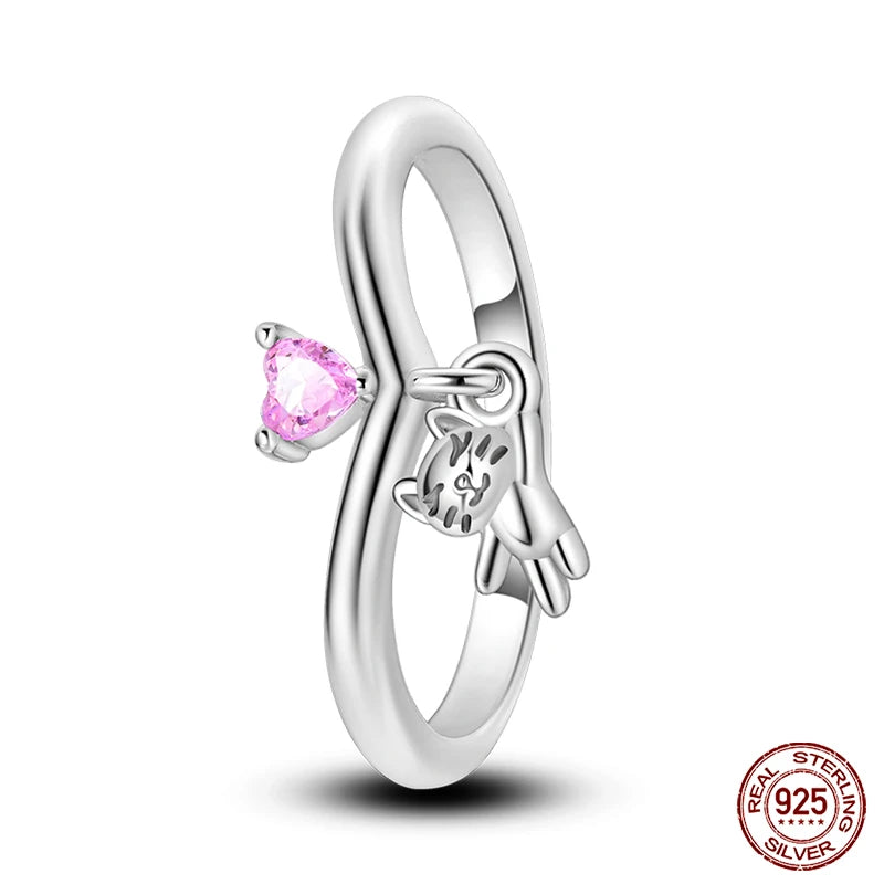 Playful Cat Heart Sterling Silver Ring - 8 - Rings