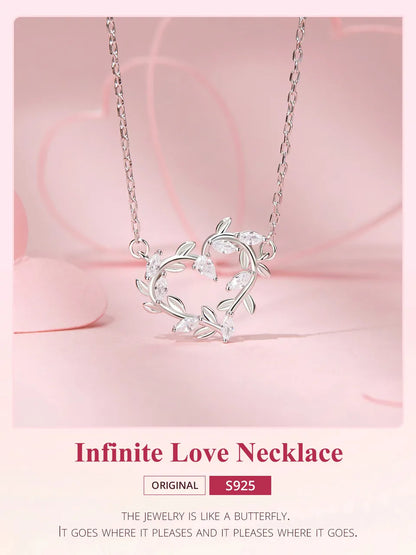 Infinite Love: White Gold Plated Leaves Heart Sterling Silver Necklace - Necklaces