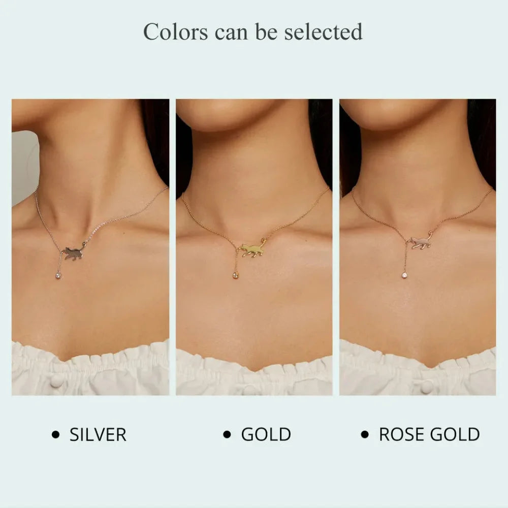 Breathtaking 925 Sterling Silver Cat Necklace | Elegant Pendant Collarbone jewellery SCN232 in 3 Colors - Necklaces