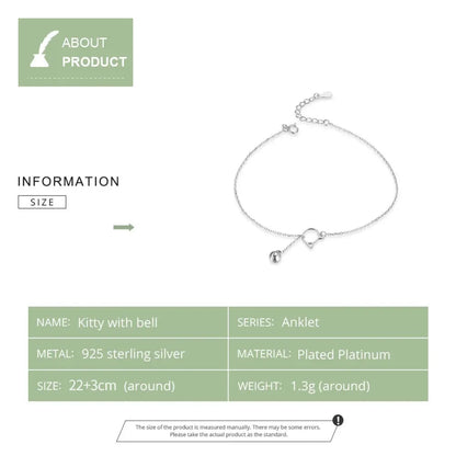 Elegant 925 Sterling Silver Bell and Cat Anklet for Women - SCT003 - Anklets