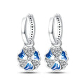 Elegant Blue Flower Charm Sterling Silver Hoop Earrings Drop