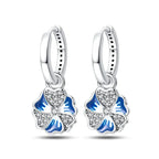 Elegant Blue Flower Charm Sterling Silver Hoop Earrings Drop