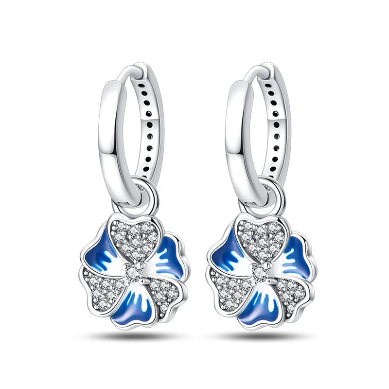 Elegant Blue Flower Charm Sterling Silver Hoop Earrings - Drop