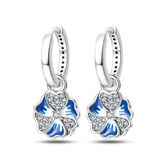 Elegant Blue Flower Charm Sterling Silver Hoop Earrings - Drop